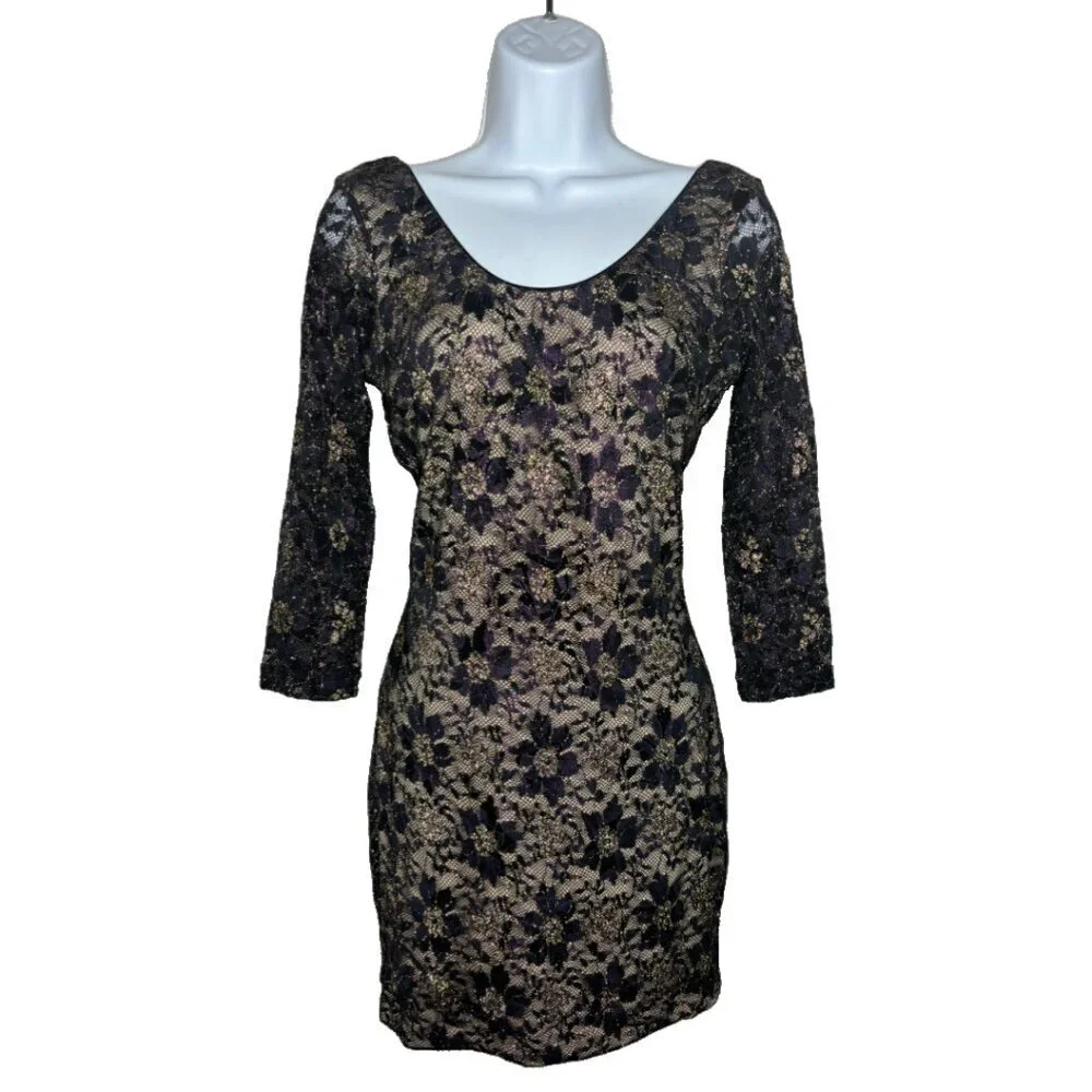 Dress The Population Sz M Purple/Gold Metallic Lace Cocktail Dress (1554)